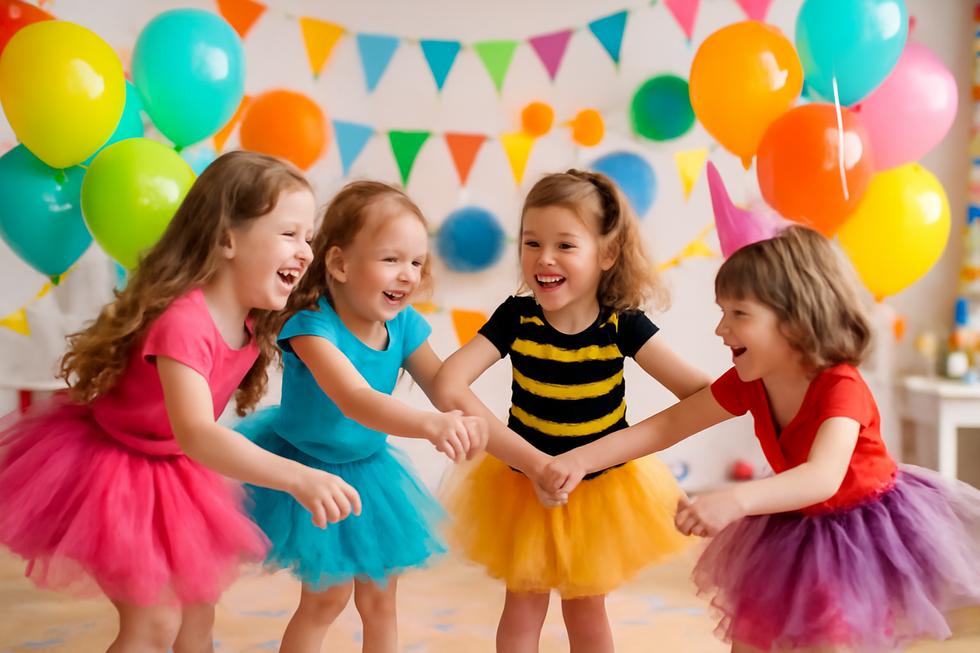 A vibrant party scene with children in colorful tutus, surrounded by festive decorations and a joyful atmosphere.
