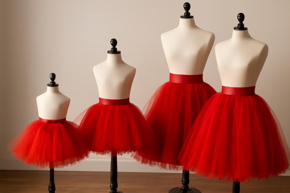 Different styles and sizes of red tutu skirts displayed creatively, representing their broad availability.