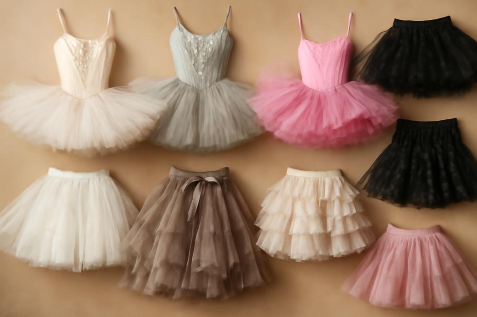 A collage featuring different styles of tulle tutus, highlighting their versatility in dance and everyday fashion.