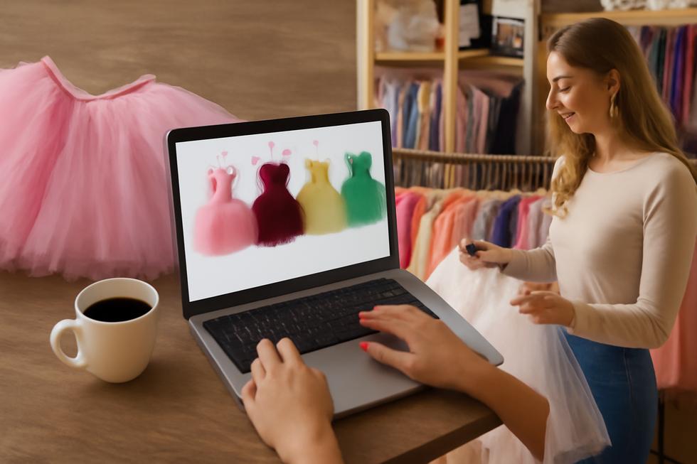 A vibrant collage illustrating various tutu styles and shopping experiences for potential customers.