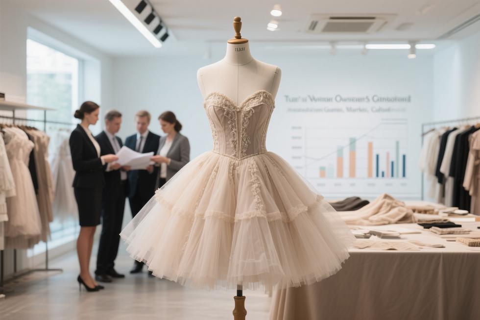 A mannequin wearing a tutu dress in a modern showroom, with professionals in the background evaluating design and market metrics.