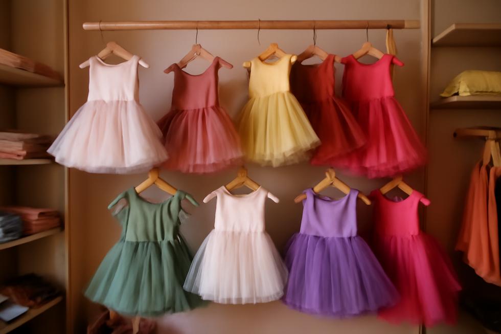 An array of colorful tutu dresses displayed in a boutique, highlighting their whimsical designs.