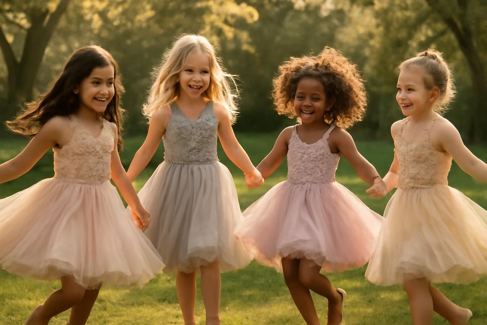 Group of young girls wearing Tutu Du Monde dresses twirling in a sunny garden.