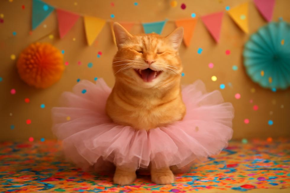 A lively scene featuring Tutu the cat in a tutu, surrounded by colorful decorations, representing the fun and whimsy of Tutu Funny.