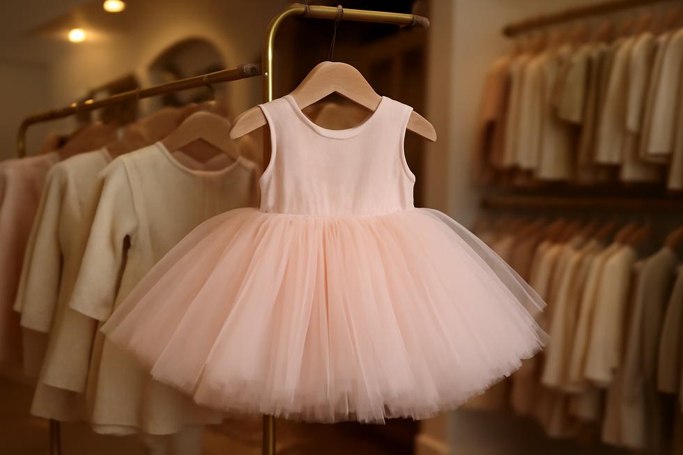 An elegantly hung toddler tutu dress in a boutique, showcasing its charm and appeal among other children's clothing.