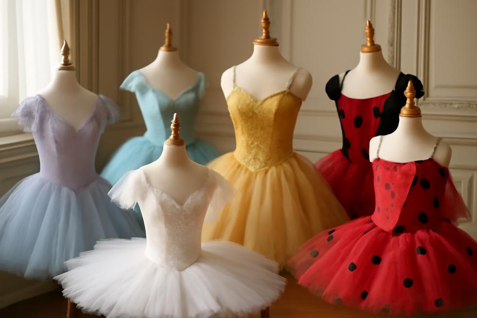 A vibrant showcase of various tutu costumes, representing their diverse styles and uses.