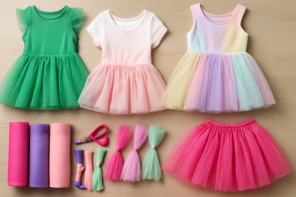 A colorful collage showcasing various Walmart tutu dresses, skirts, and DIY crafting materials for children.