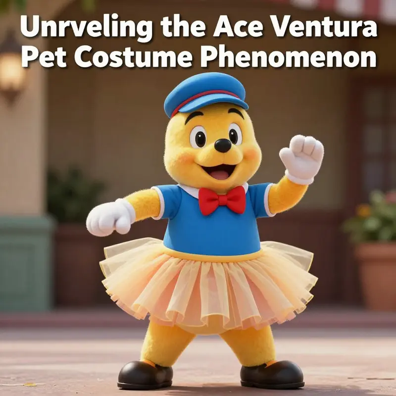 Bright and colorful representation of Ace Ventura in his tutu costume, reflecting the joyous character.