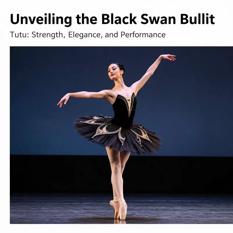 A dancer in a Black Swan ballet tutu performing on stage under dramatic lighting.