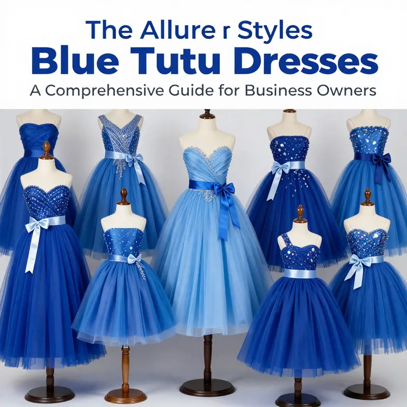 A display of various styles of blue tutu dresses tailored for special occasions.