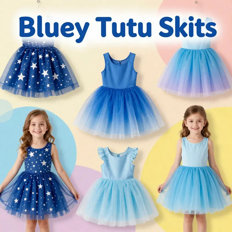 A variety of blue Tutu skirts in different styles that appeal to young girls.
