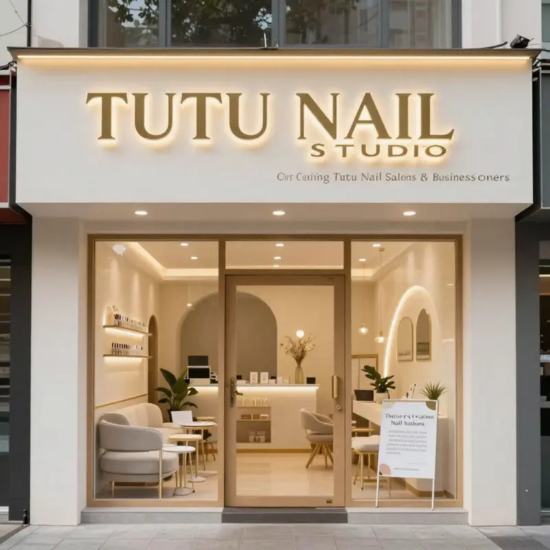 Front view of TUTU NAIL STUDIO with hours of operation illustrated.