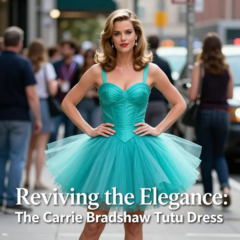 Carrie Bradshaw showcases her iconic tutu dress amidst the bustling energy of Manhattan.