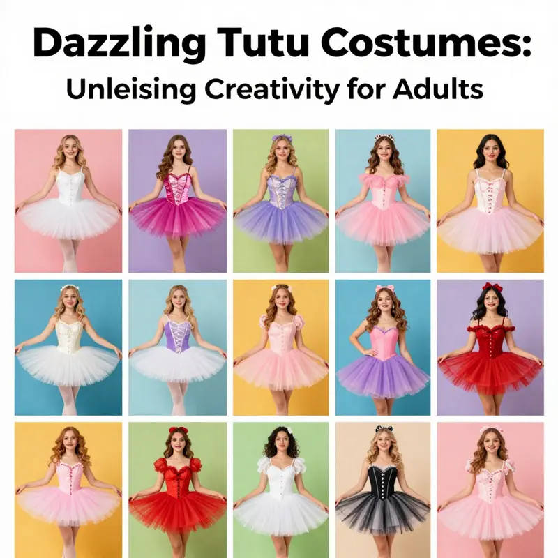 A colorful collage displaying various adult costumes with tutus, embodying creativity and style.