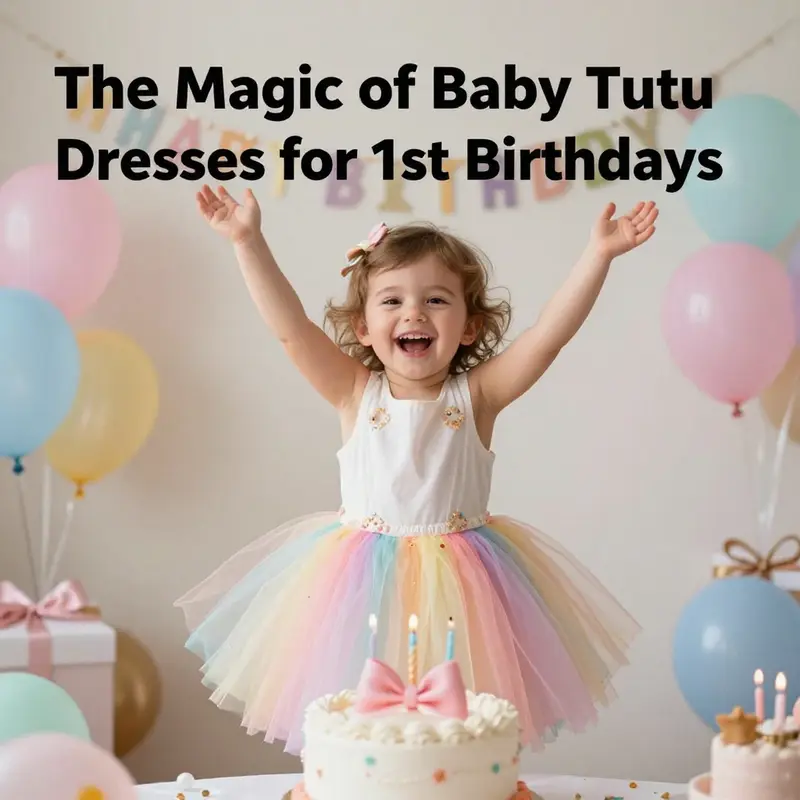 A happy child in a vibrant tutu dress amidst colorful birthday decorations, symbolizing the joy of celebrating a first birthday.