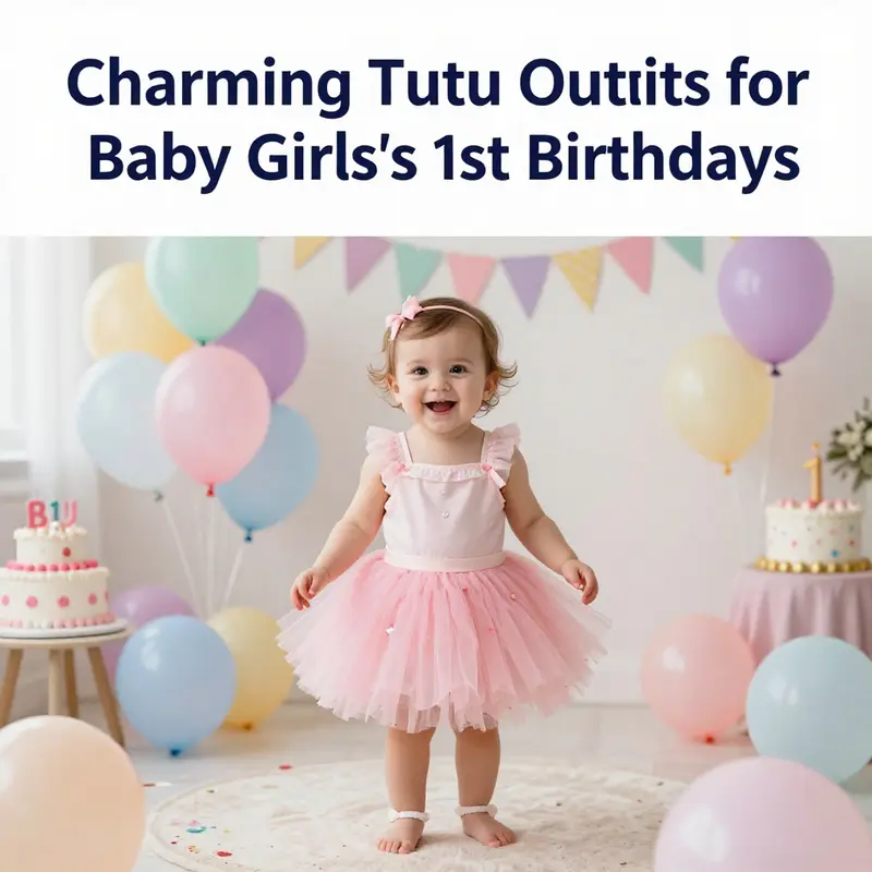 A joyful baby girl wearing a tutu outfit at her first birthday celebration, surrounded by balloons and a festive cake.