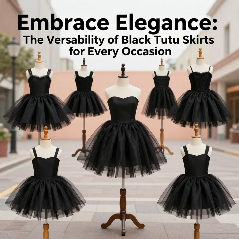 A collage showcasing an assortment of black tutu skirts on mannequins in a fashion-forward setting.