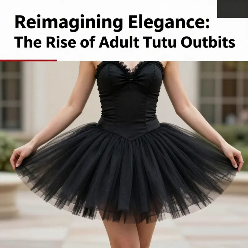 An elegant adult woman in a black tutu outfit, standing gracefully outdoors, showcasing modern fashion trends in adult tutus.