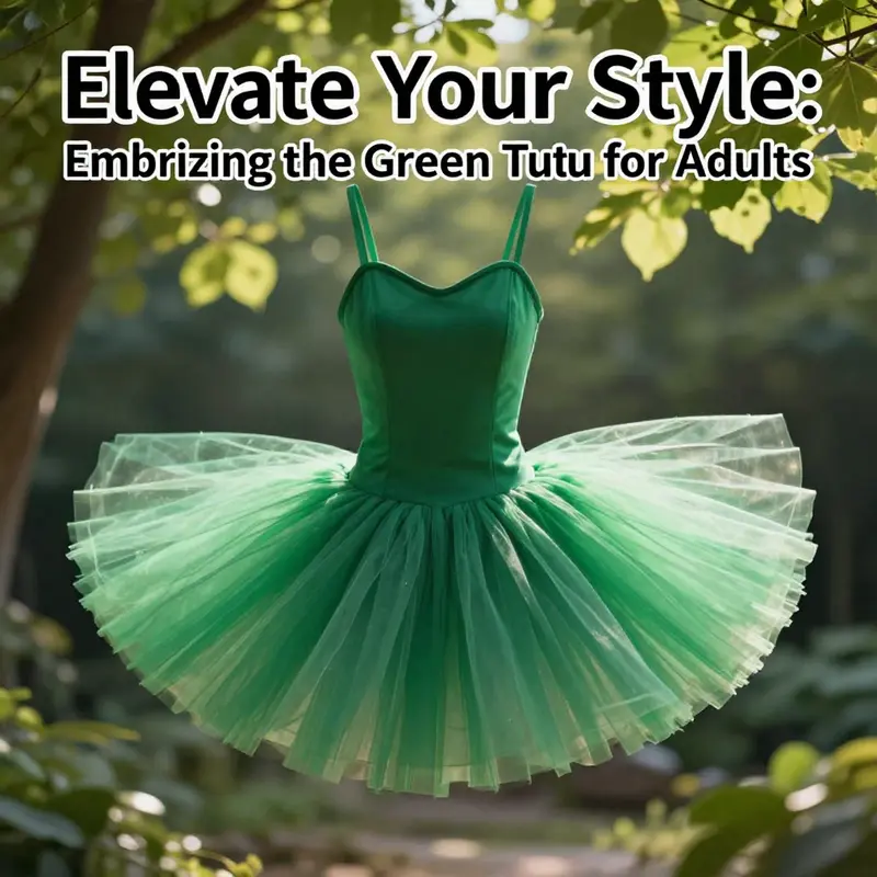 A green tutu displayed outdoors, surrounded by nature and sunlight, highlighting its vibrant appeal.