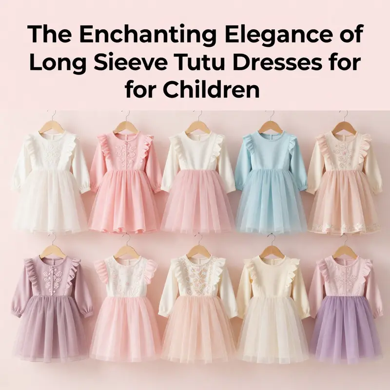 Display of various long sleeve tutu dresses in colorful designs arranged artistically, appealing to children's fashion.
