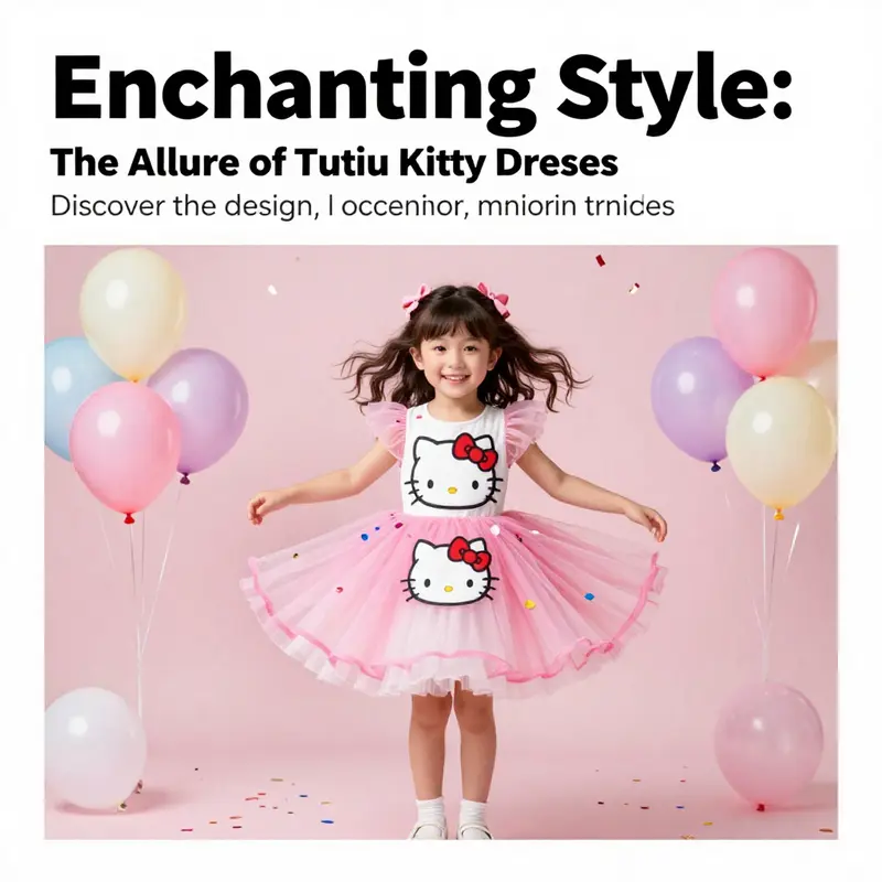 A young girl in a Tutu Hello Kitty Dress surrounded by balloons and confetti, embodying the joy of childhood.