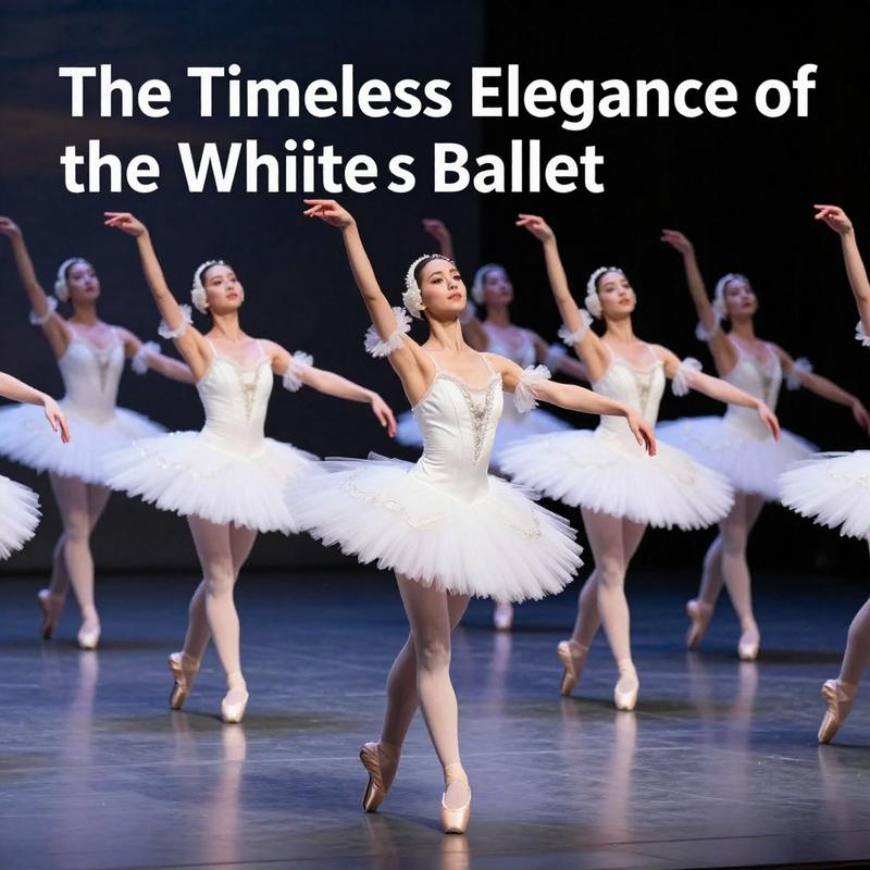 A group of ballet dancers in aligned positions wearing white tutus during a dramatic performance.