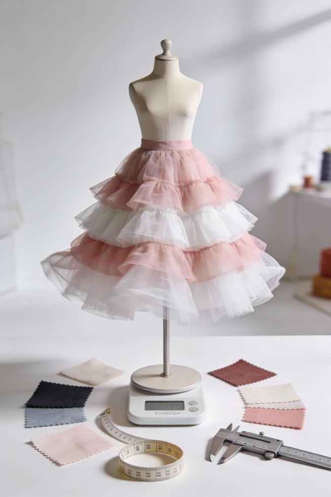 Dress form wearing a layered tutu skirt with fabric swatches and measuring tools in a studio setting.