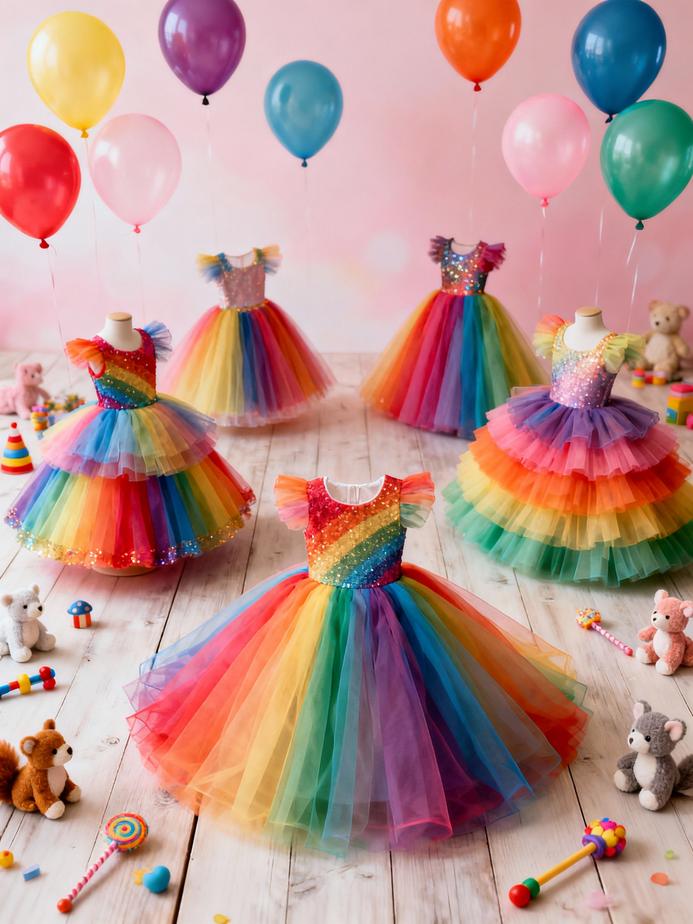 A colorful arrangement of rainbow tutu dresses with festive props, representing the vibrancy and happiness of childhood.