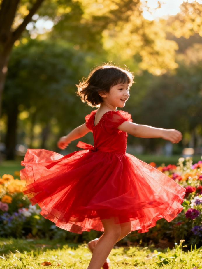 A child in a red tutu dress spinning in a park, surrounded by green trees and flowers.