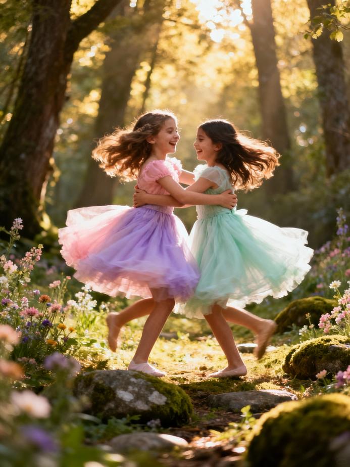 A blissful scene of girls in tutu dresses embodying the charm and joy of childhood fantasies.