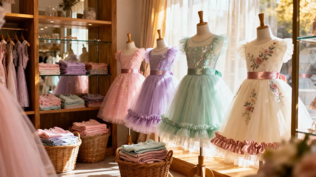 A beautifully arranged boutique filled with girls' tutu dresses, highlighting the playful and elegant aspect of this fashion staple.