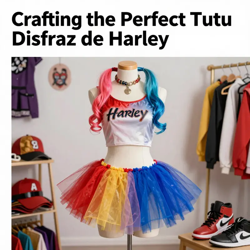 A mannequin dressed in a tutu disfraz de Harley Quinn, surrounded by colorful costume accessories.