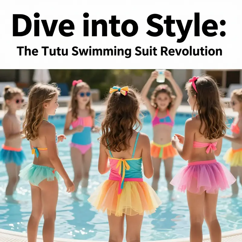 Young girls happily sporting colorful tutu swimming suits at a pool party.
