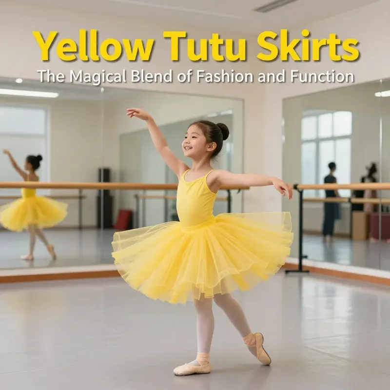 A young dancer wearing a yellow tutu skirt in a bright dance studio.