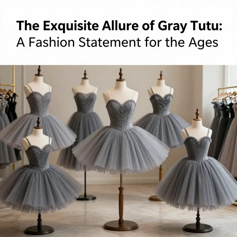 A collection of gray tutus presented in a fashionable setting, emphasizing their variety and appeal.