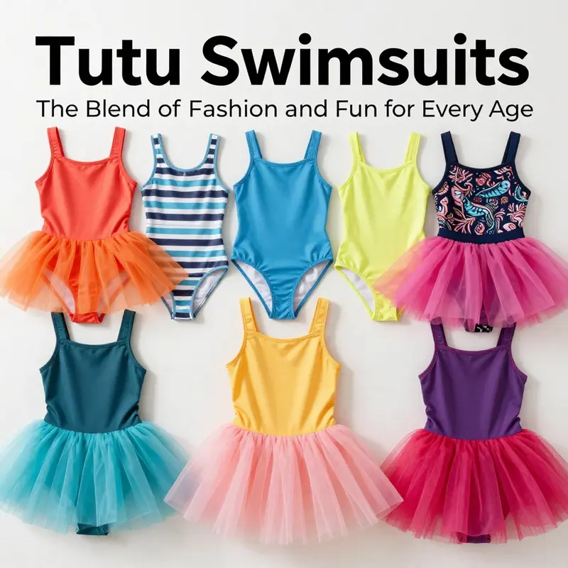 Vibrant array of tutu swimsuits in various colors and styles beautifully arranged, perfect for a cover image.