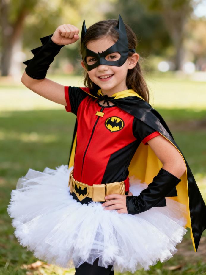 A smiling girl wearing a Robin Batgirl costume with tutu, embodying the spirit of playful superhero imagination.