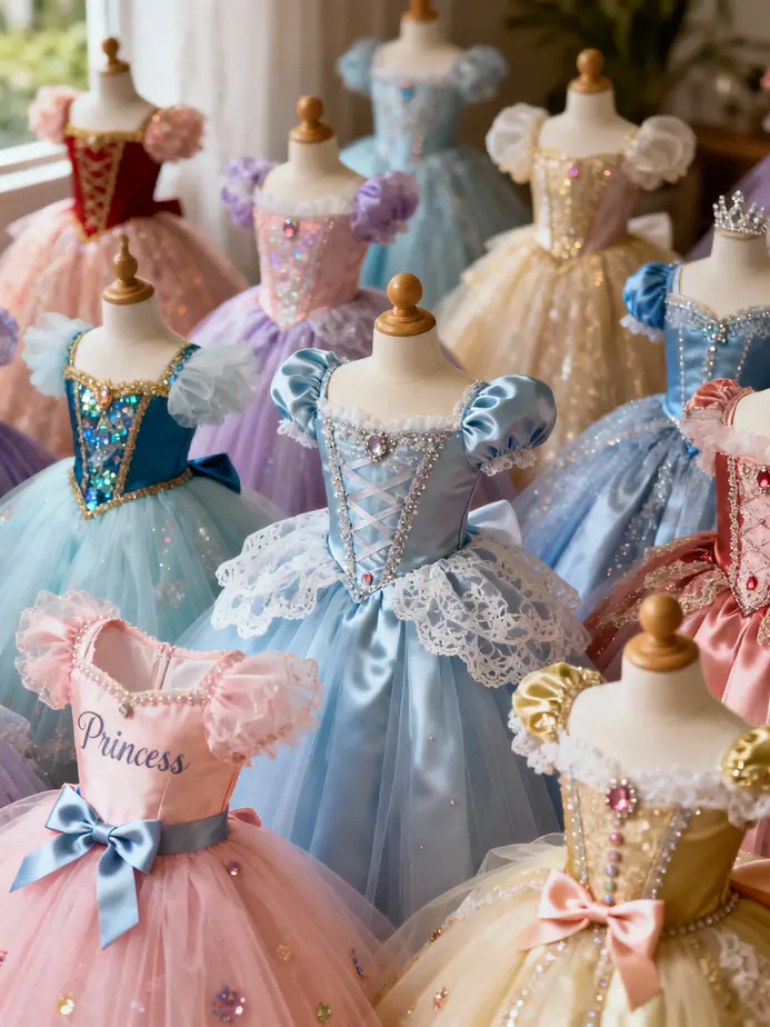 A colorful selection of Disney Princess-themed tutu dresses perfect for young fans.