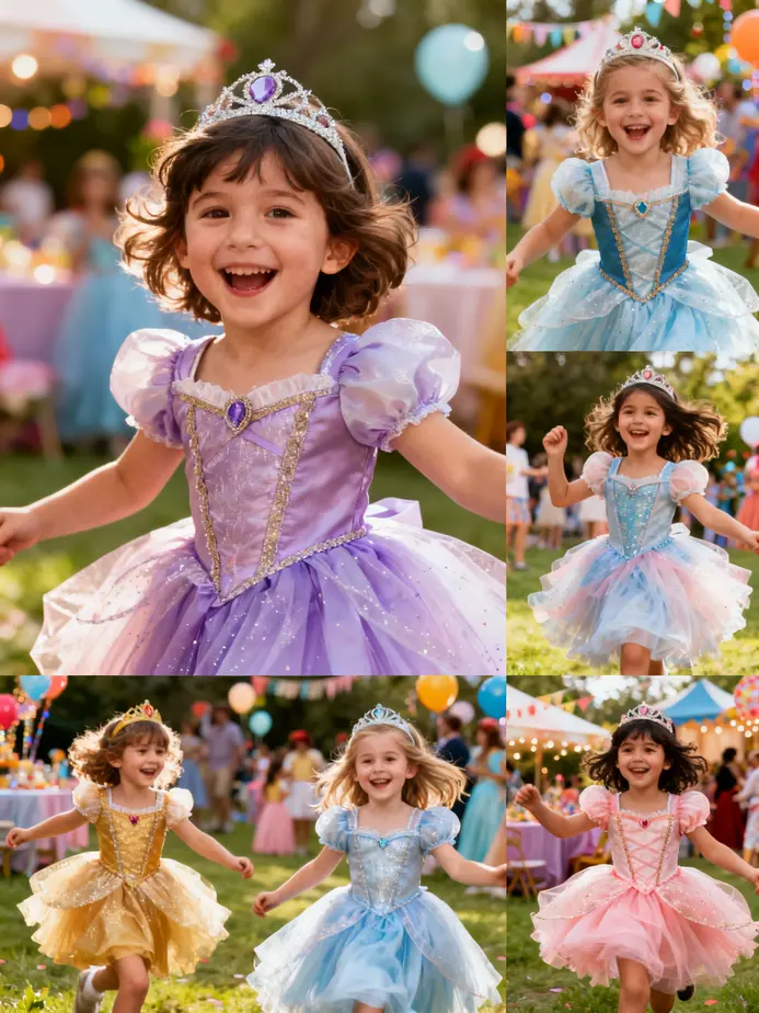 A colorful selection of Disney Princess-themed tutu dresses perfect for young fans.