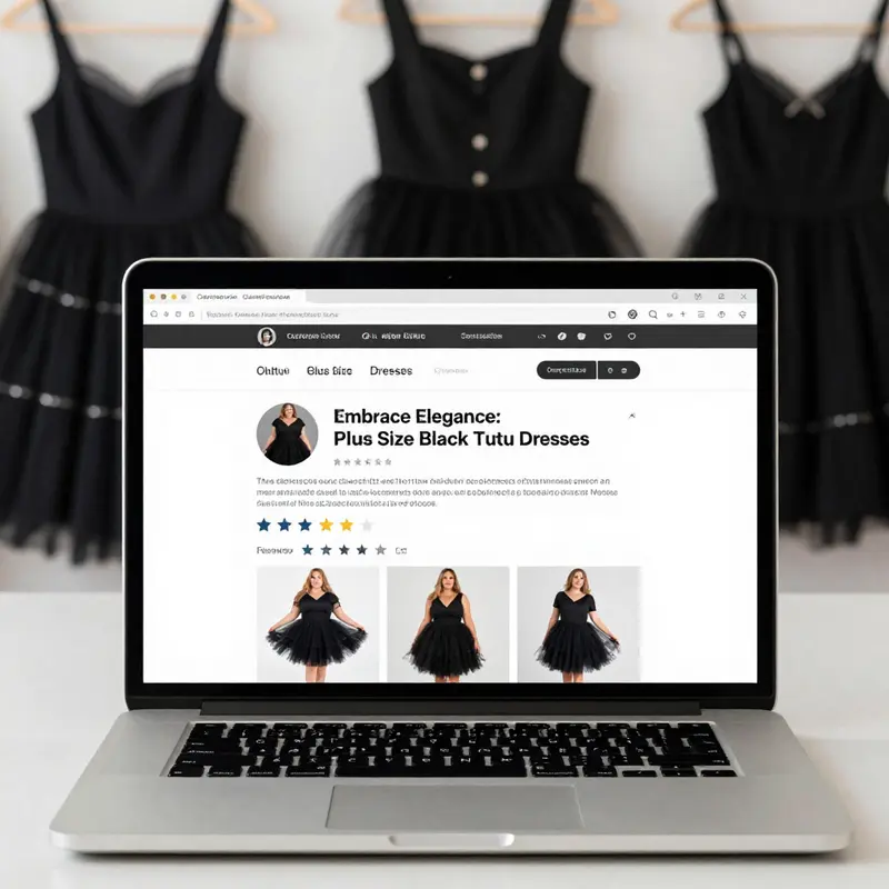 A stunning plus size model exuding confidence in a black tutu dress amidst a natural backdrop.