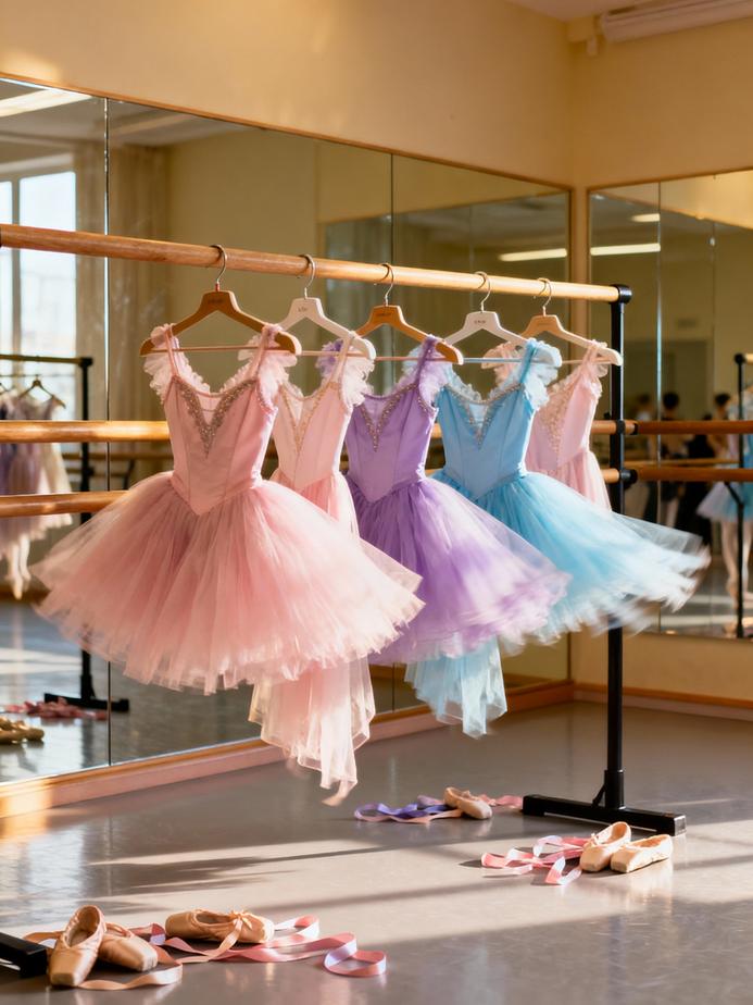 A well-organized dance studio with various ballet tutus hanging from specialized hangers, ready for performance.