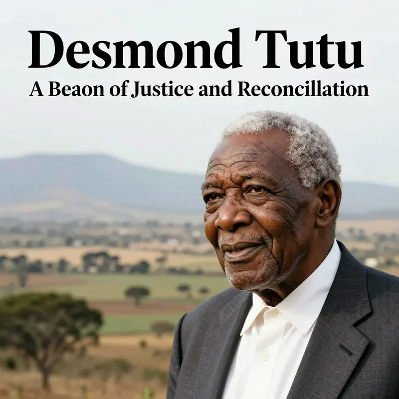 Desmond Tutu standing tall with the South African landscape behind him, symbolizing hope and resilience.