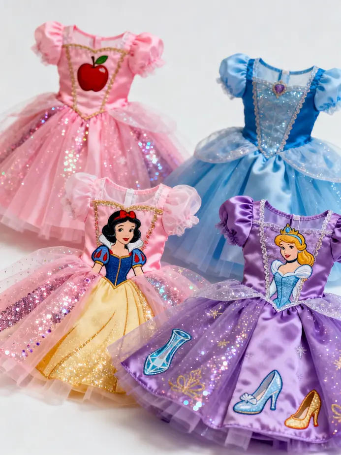 A colorful selection of Disney Princess-themed tutu dresses perfect for young fans.