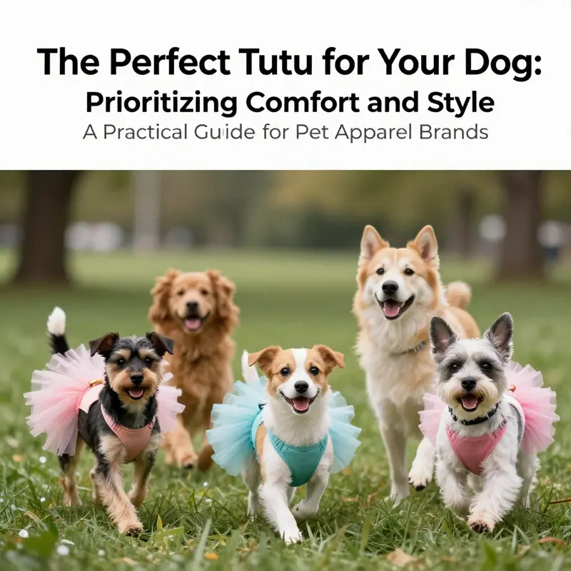 A group of different breed dogs wearing colorful tutus, playing in a park, embodying joy and comfort in dog fashion.