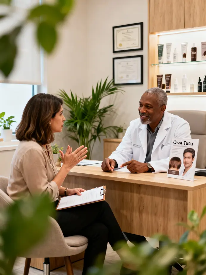Dr. Osei Tutu consulting a patient about personalized hair loss solutions.