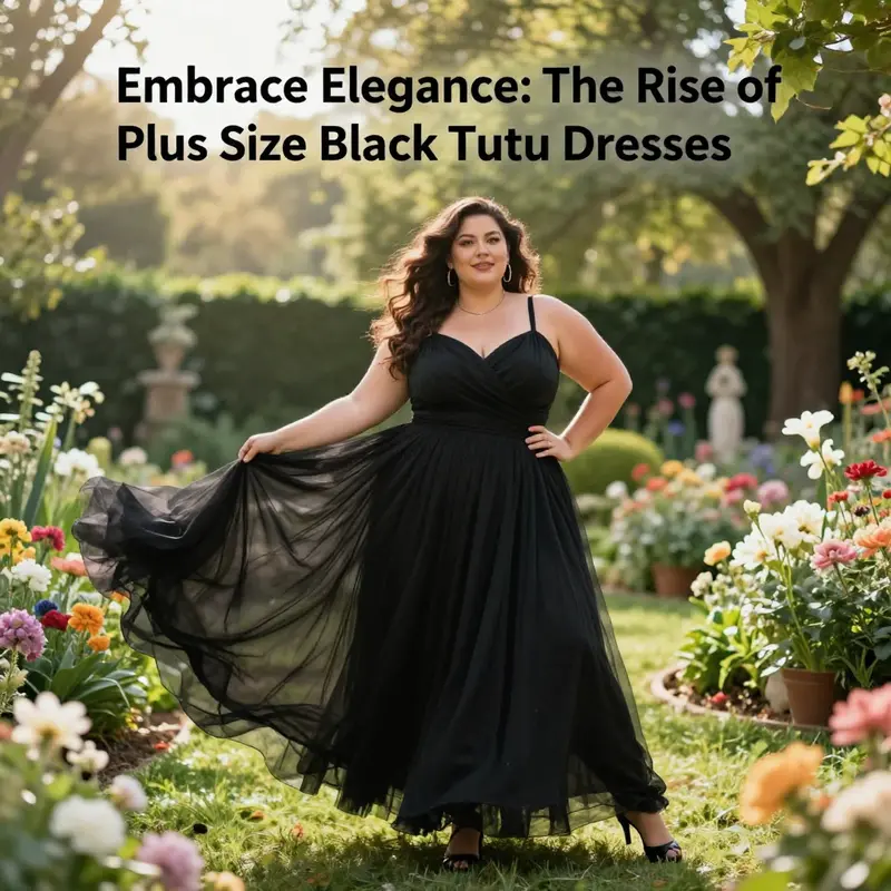 A stunning plus size model exuding confidence in a black tutu dress amidst a natural backdrop.