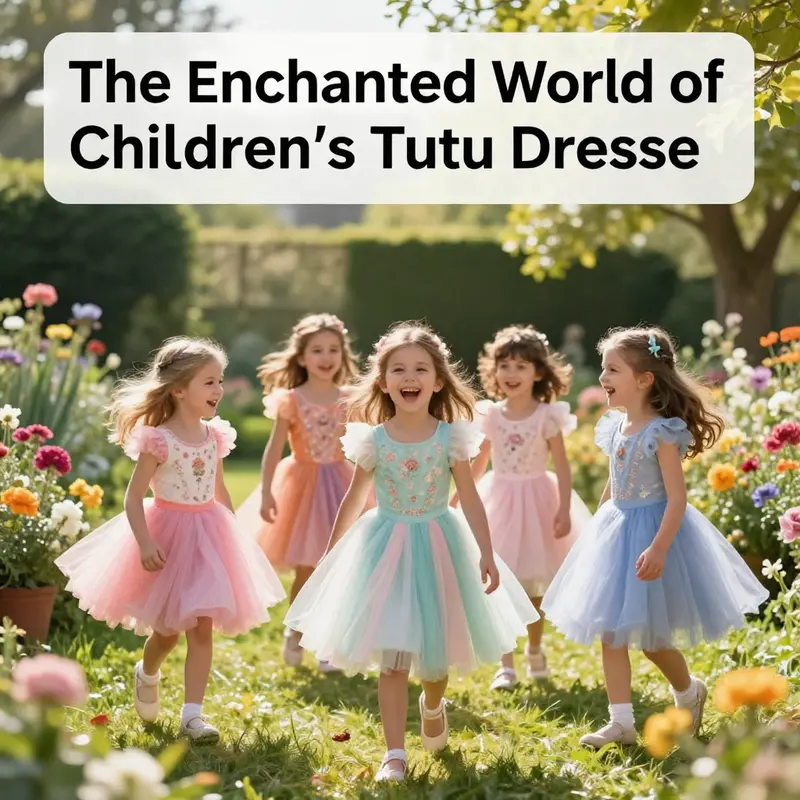 A joyful gathering of girls dressed in colorful tutu dresses, playing in a sunny garden filled with flowers.