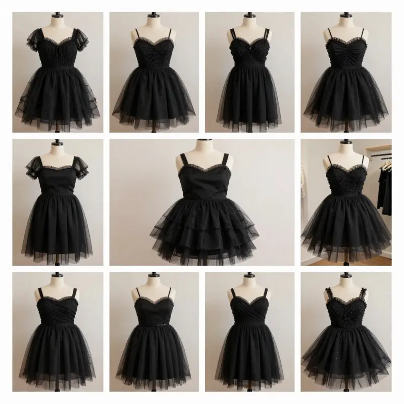 A stunning plus size model exuding confidence in a black tutu dress amidst a natural backdrop.