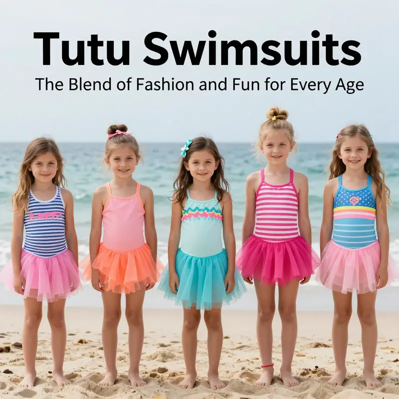 Children and adults showcase the latest trends in tutu swimsuits, blending fun and fashion.