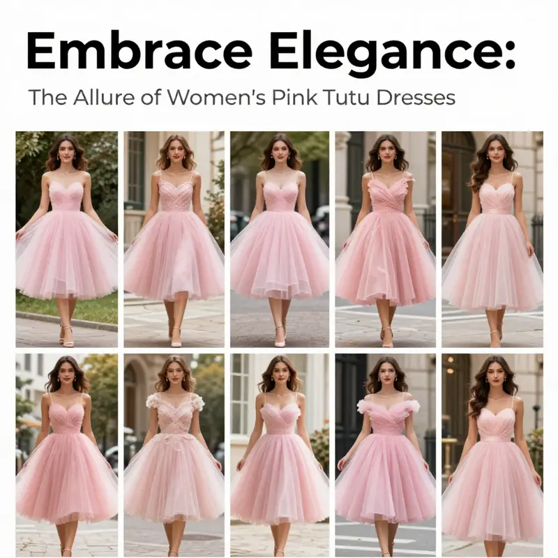 Various styles of women's pink tutu dresses displayed in both whimsical and urban backdrops, highlighting their fashion versatility.